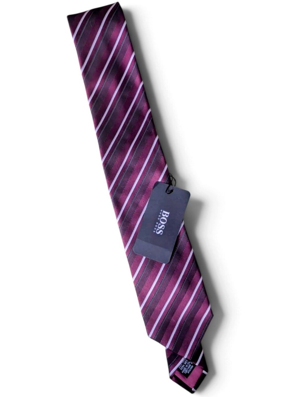Hugo Boss Silk Tie Purple Burgundy Silver Diagonal Striped Business Wedding NWT